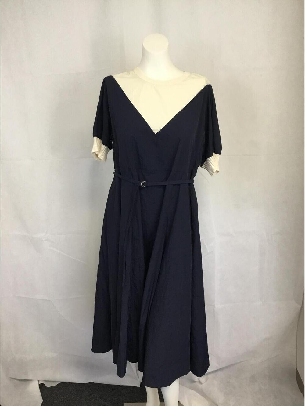 [352] Dress Womens F Blue Colorblock Belted Midi Fit & Flare Half Sleeve